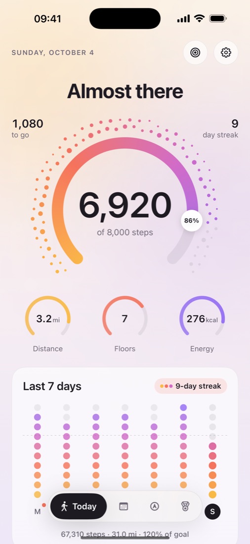 Manpo’s Today screen: 6,920 of 8,000 steps on a glowing gauge, with distance, floors and energy.