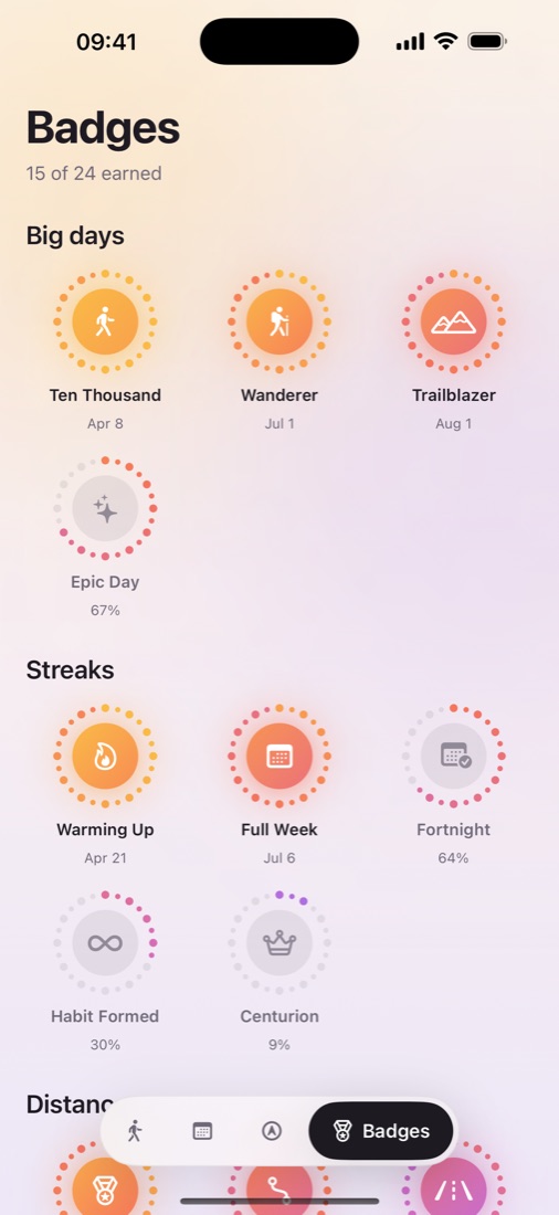 Badges screen with medals for big days and streaks.